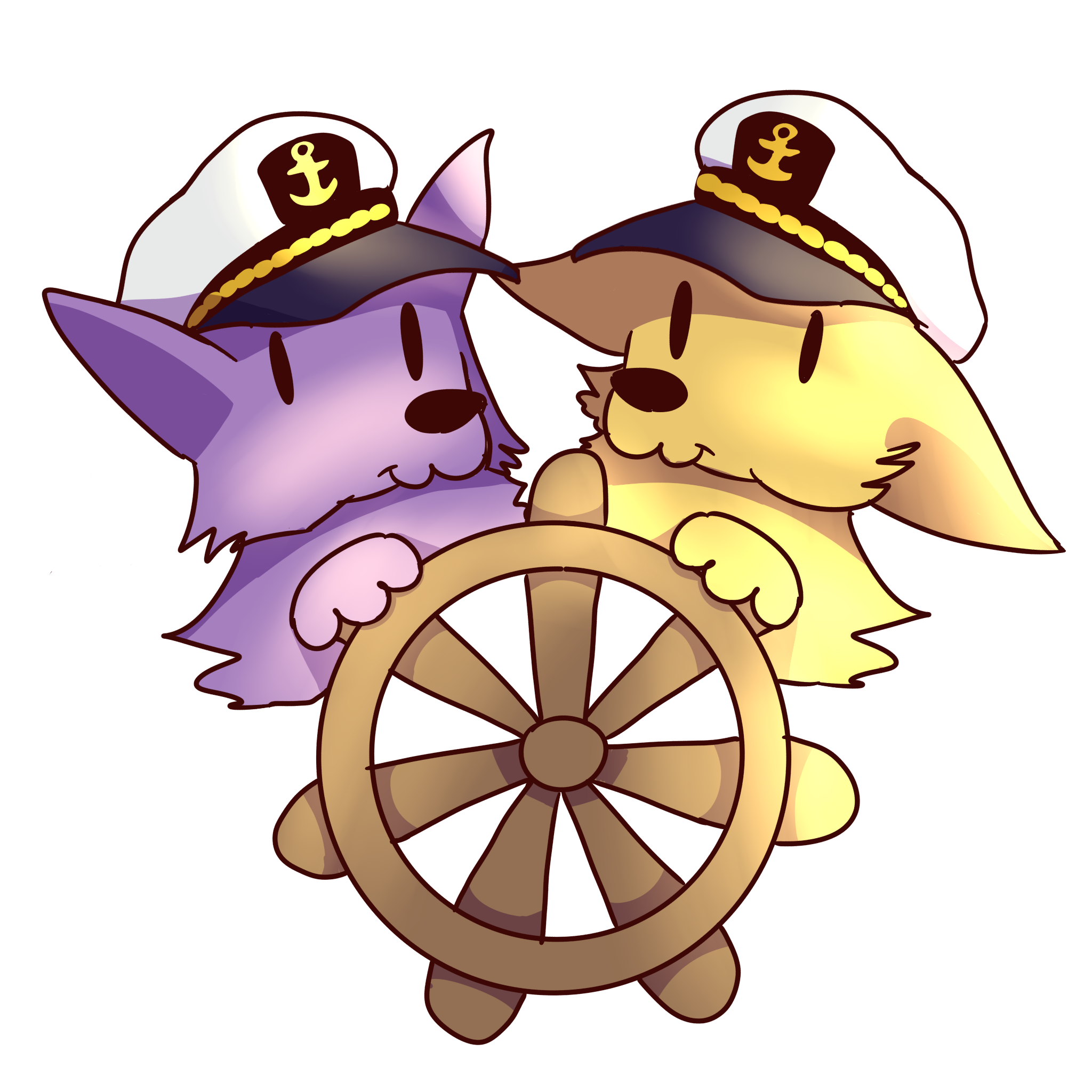  a purple cat and a yellow fox at a helm. they both wear captains hats